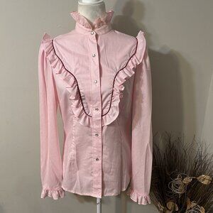 Vtg Fenton Western Women Prairiecore Ruffle Pearl Snap Shirt Top Pink Sz 14 Flaw